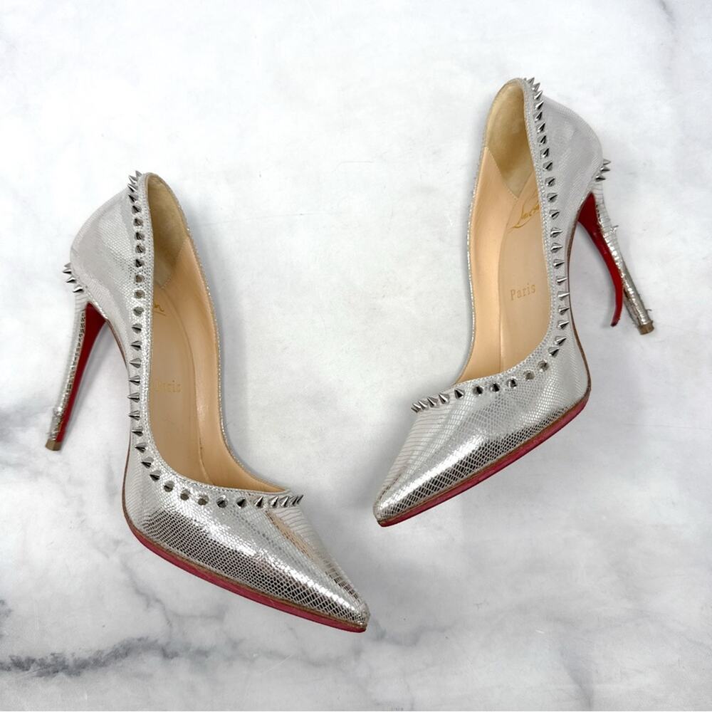 Christian Louboutin Anjalina 100 Spike Stud Trim Chrome Pointed Toe Pumps Heels - Picture 4 of 13